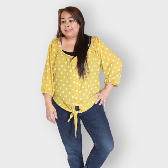 COLLECTION COSTA BLANCA WOMENS L YELLOW & WHITE POKA DOT SHIRT - Picture 2 of 14